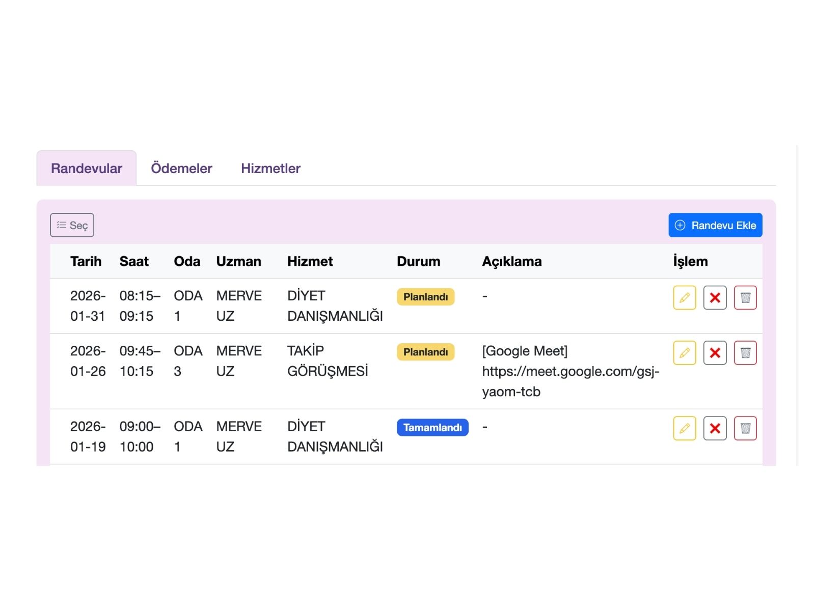 Notet randevu akışı içinde online görüşme