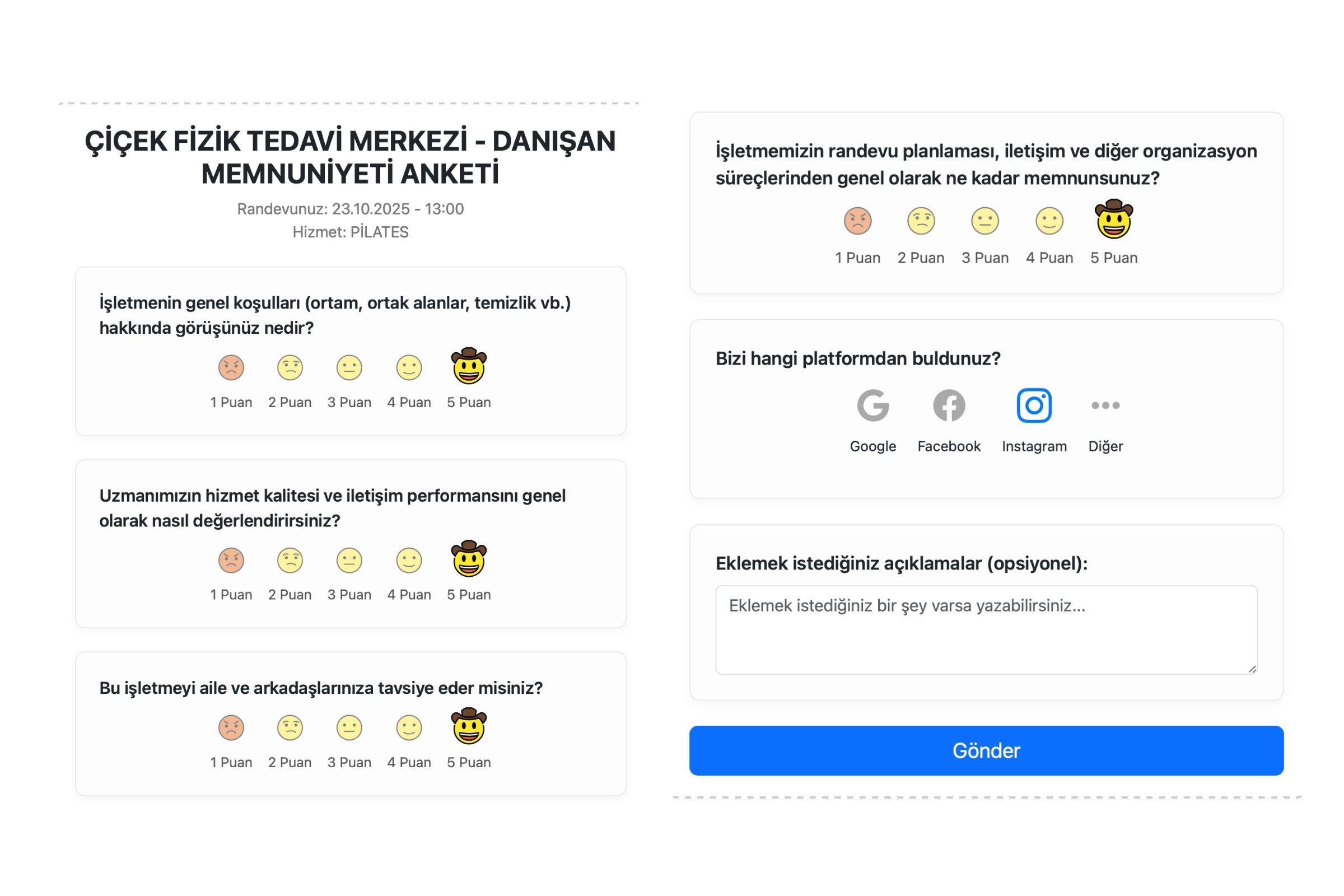Müşteri deneyimi anket formu ekran örneği