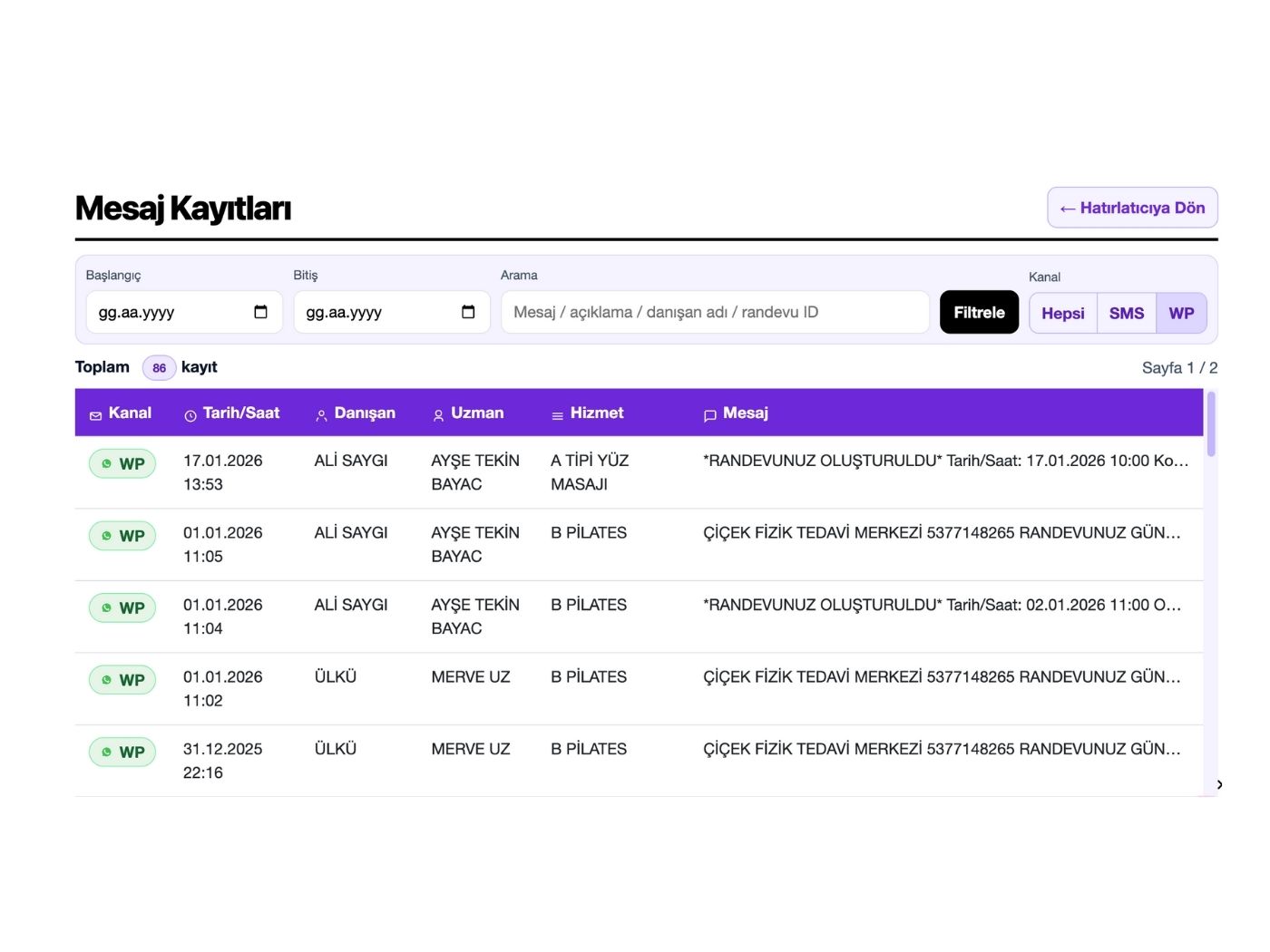 Otomatik WhatsApp hatırlatma mesajları