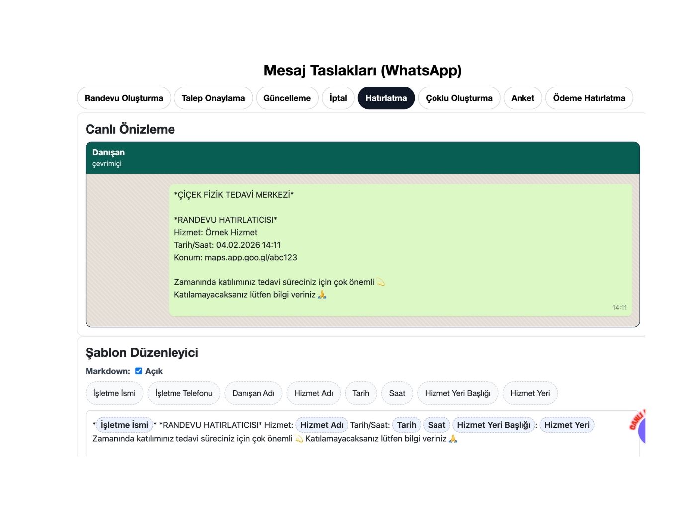 Özelleştirilebilir WhatsApp şablon editörü